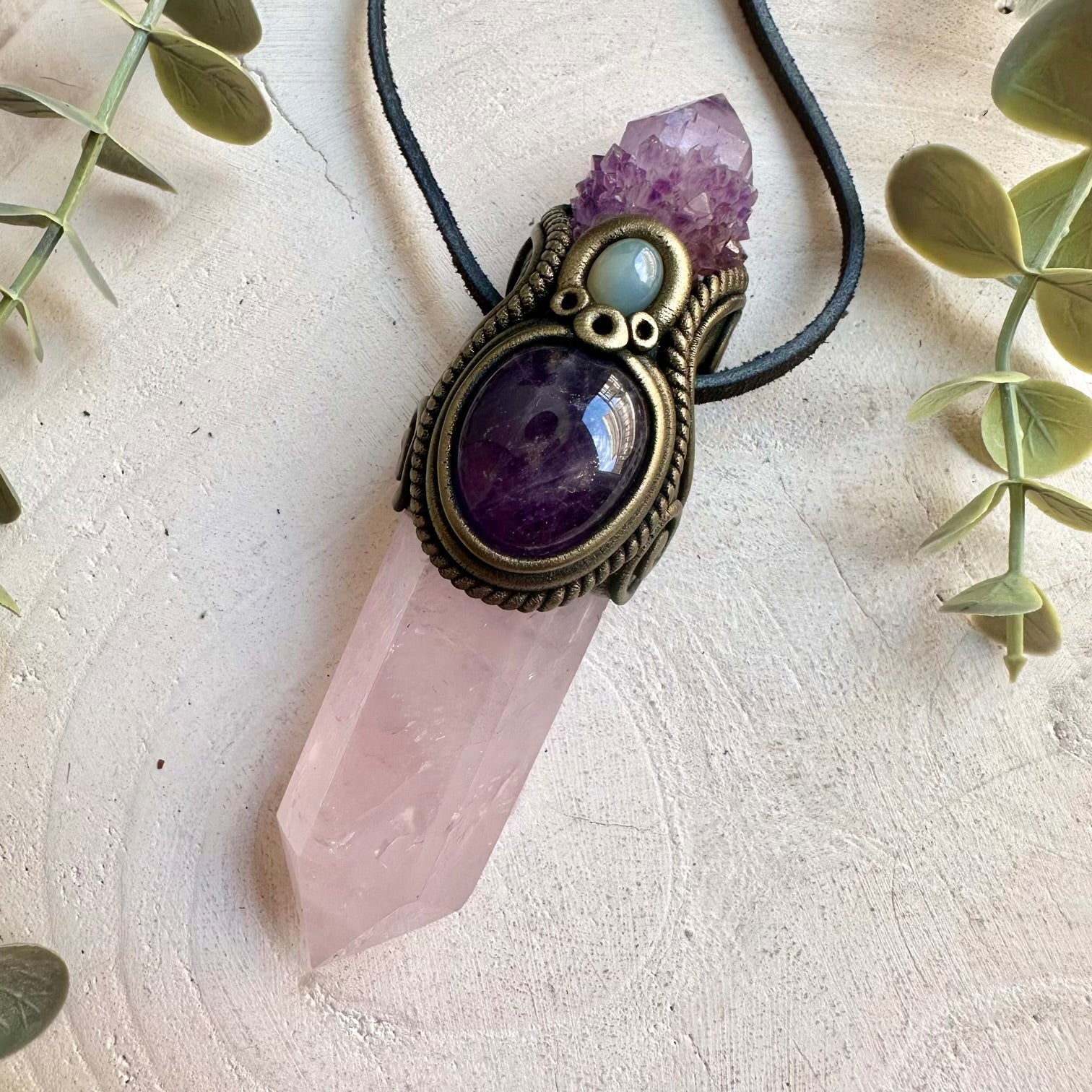 Handmade Rose Quartz crystal wand pendant necklace with Deep Purple Spirit Quartz, Amethyst and Chalcedony.