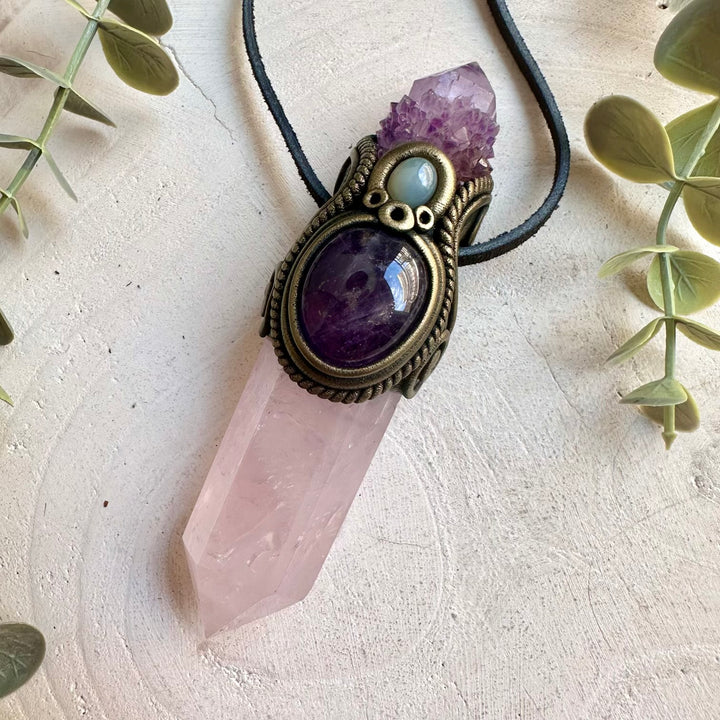 Handmade Rose Quartz crystal wand pendant necklace with Deep Purple Spirit Quartz, Amethyst and Chalcedony.