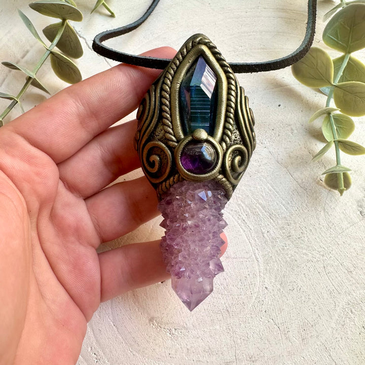 Handmade gemstone pendant with Deep Purple Spirit Quartz and Amethyst in a unique artisan setting.
