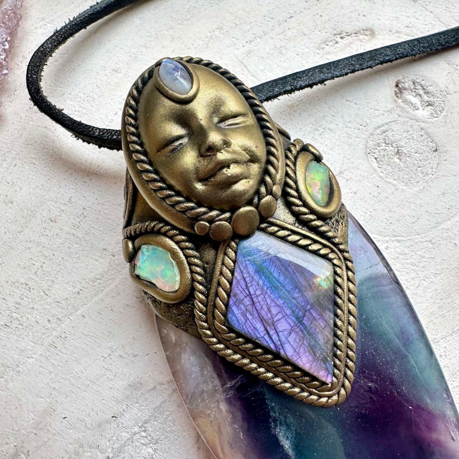 Metaphysical crystal jewelry with fluorite moonstone and opal