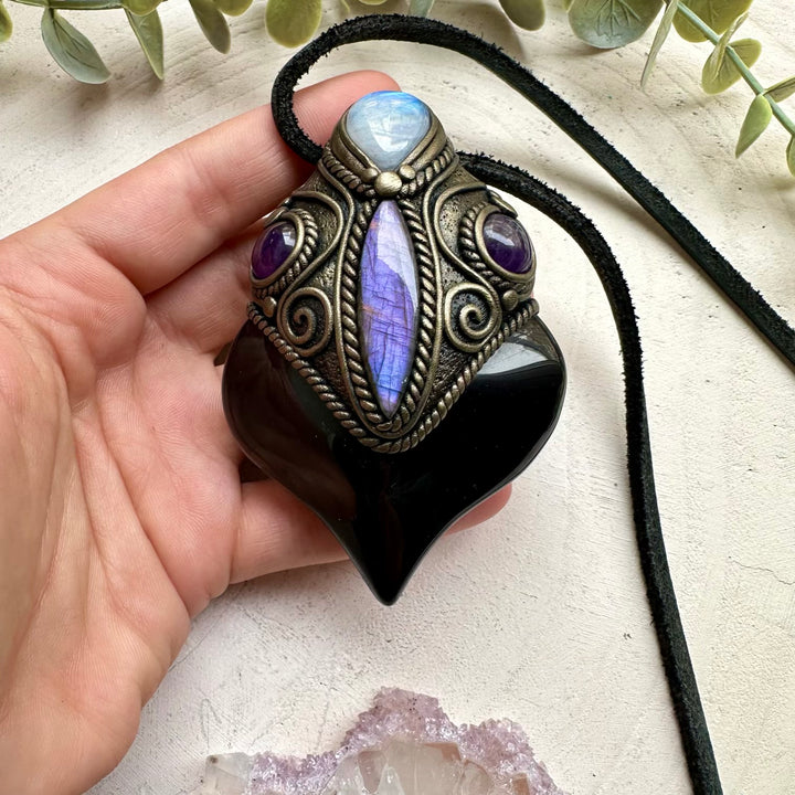 Crystal wand pendant necklace with moonstone and labradorite