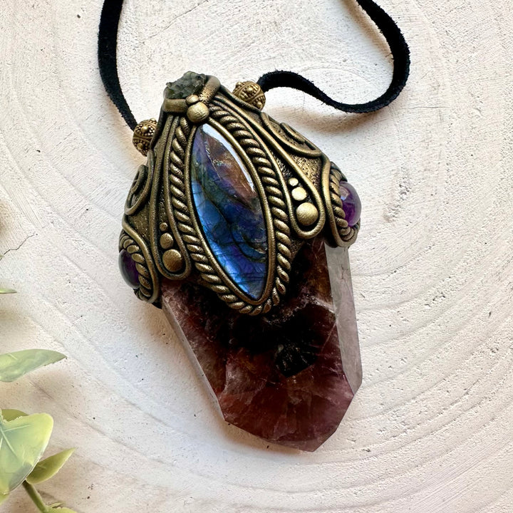 One of a kind crystal wand necklace designed for collectors, meditation and energy work.