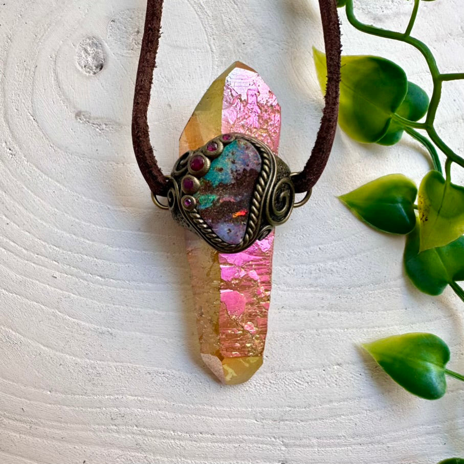 Double terminated Sunset Aura Quartz wand with natural Boulder Opal and Ruby