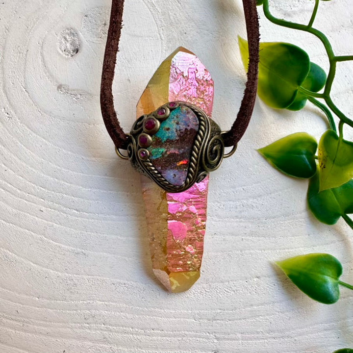 Double terminated Sunset Aura Quartz wand with natural Boulder Opal and Ruby