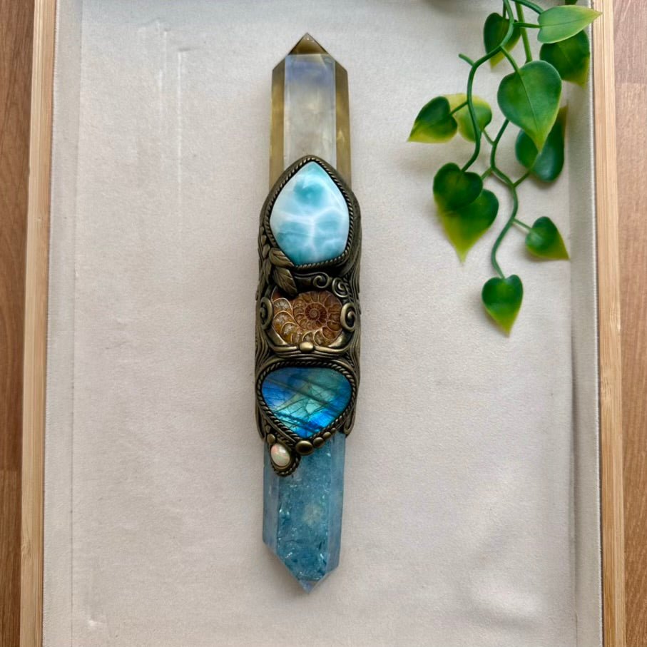 Large Crystal Wand with Aqua Aura Quartz, Polished Citrine Point, Larimar, Ammonite, Labradorite and Ethiopian Opal - FairyGardenGlow