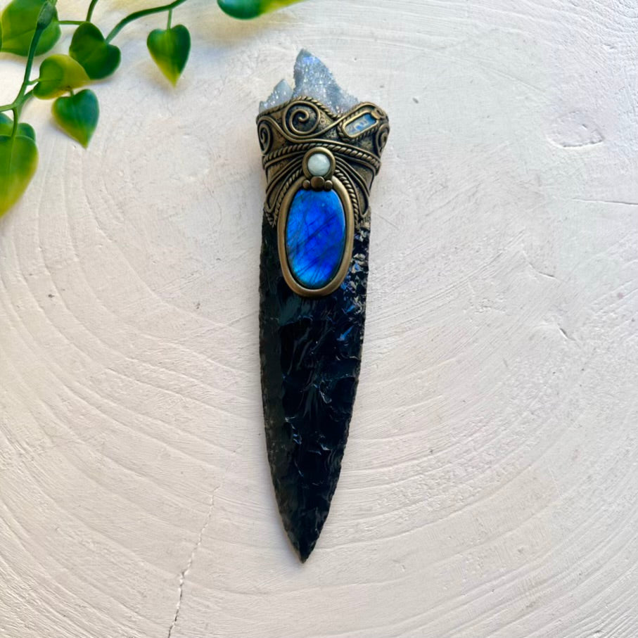 Handmade crystal wand with Obsidian, Labradorite and Boulder Opal