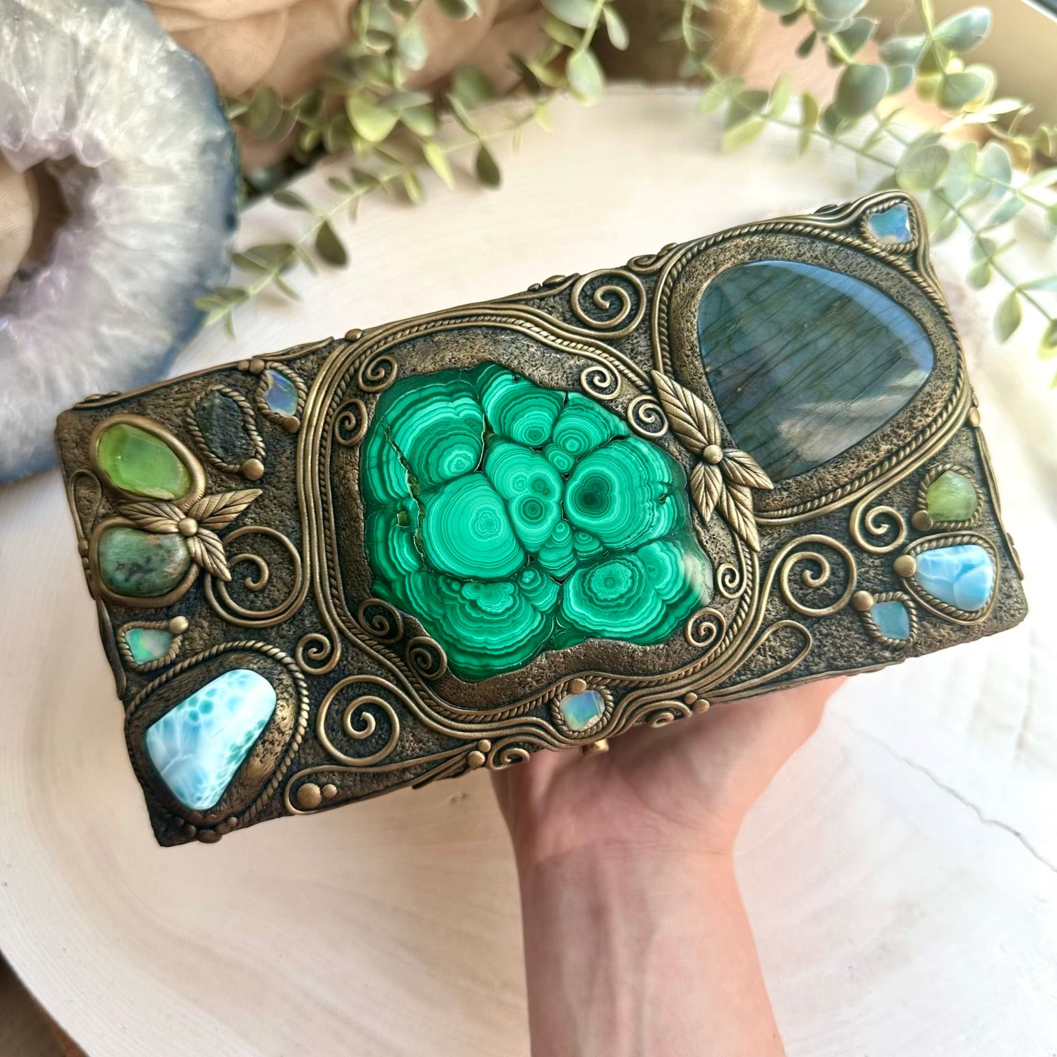 Handmade wooden box with malachite labradorite larimar and moldavite crystals