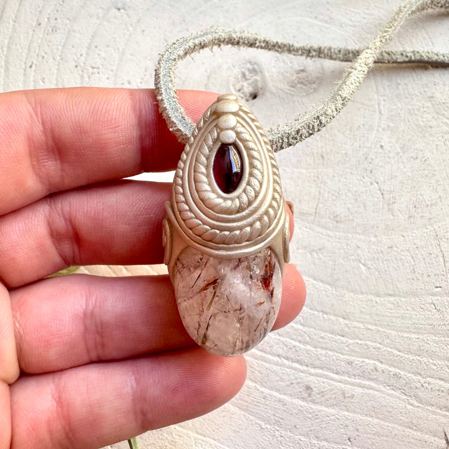 Unisex handmade crystal necklace with hematite quartz and rhodolite garnet