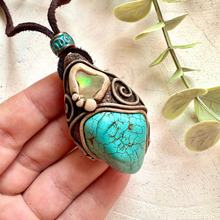 crystal necklace with natural turquoise and opal