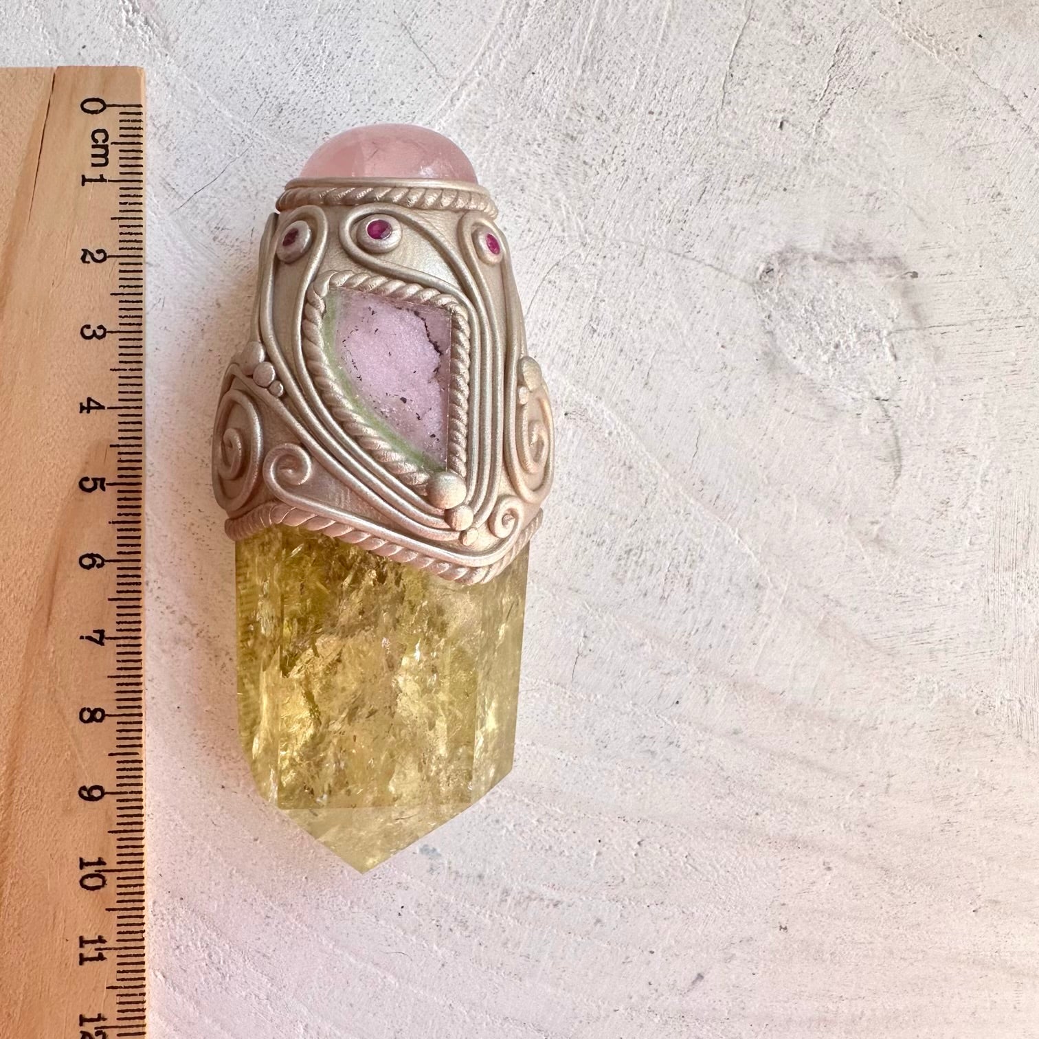 Healing crystal talisman with natural citrine point watermelon tourmaline rose quartz and ruby gemstones