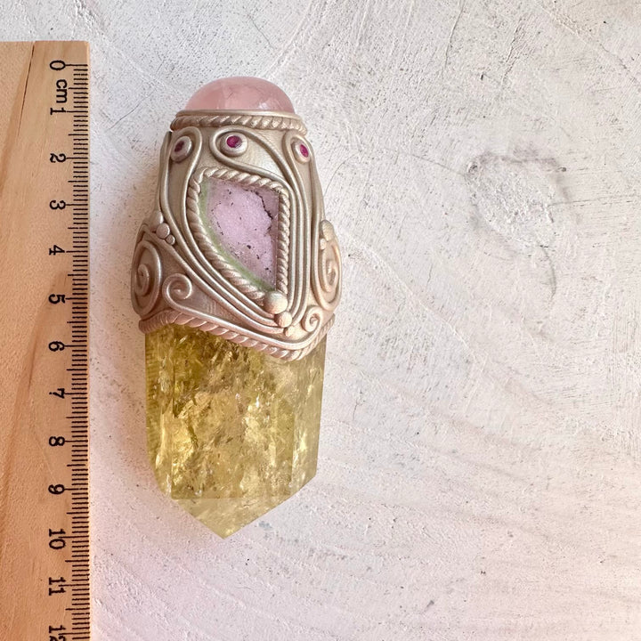 Healing crystal talisman with natural citrine point watermelon tourmaline rose quartz and ruby gemstones