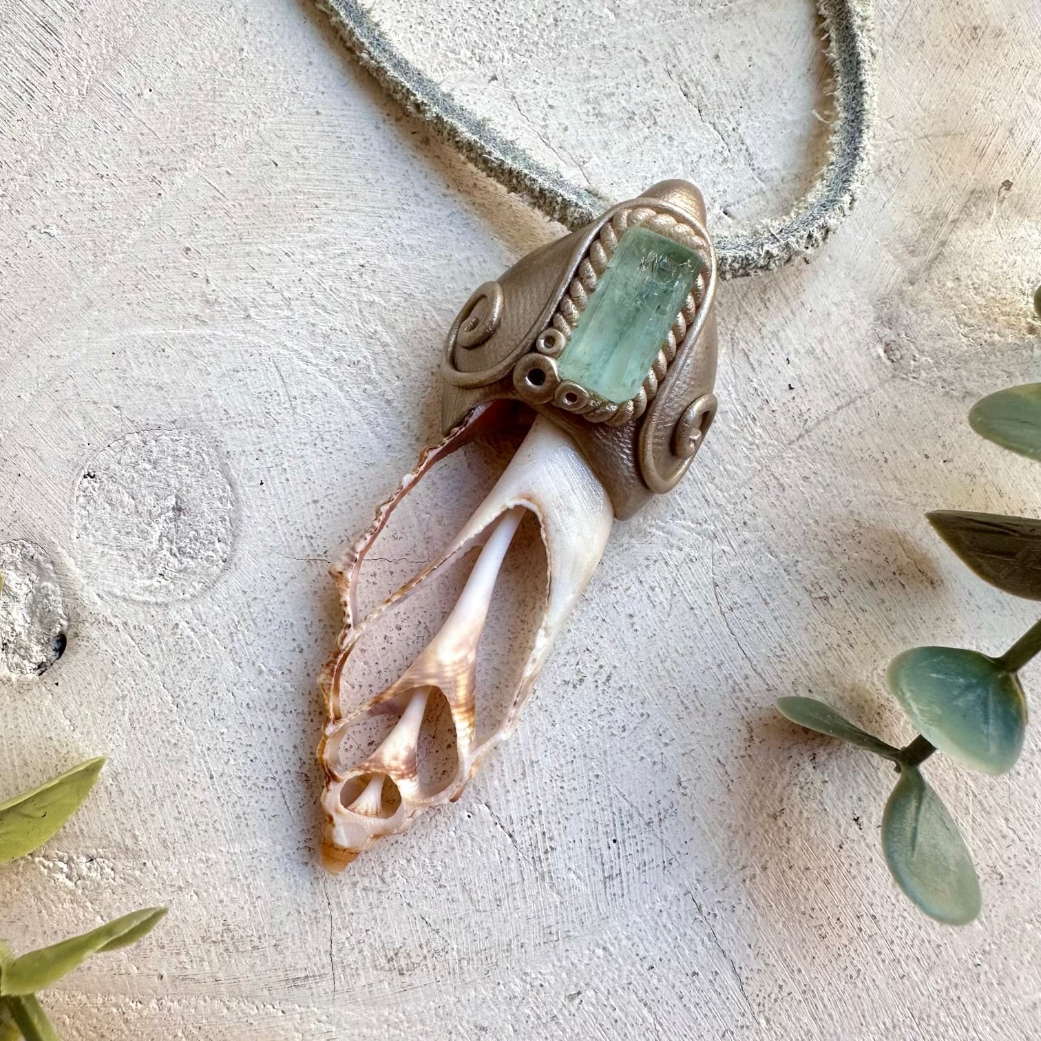 Ocean crystal talisman necklace with seashell and aquamarine gemstones