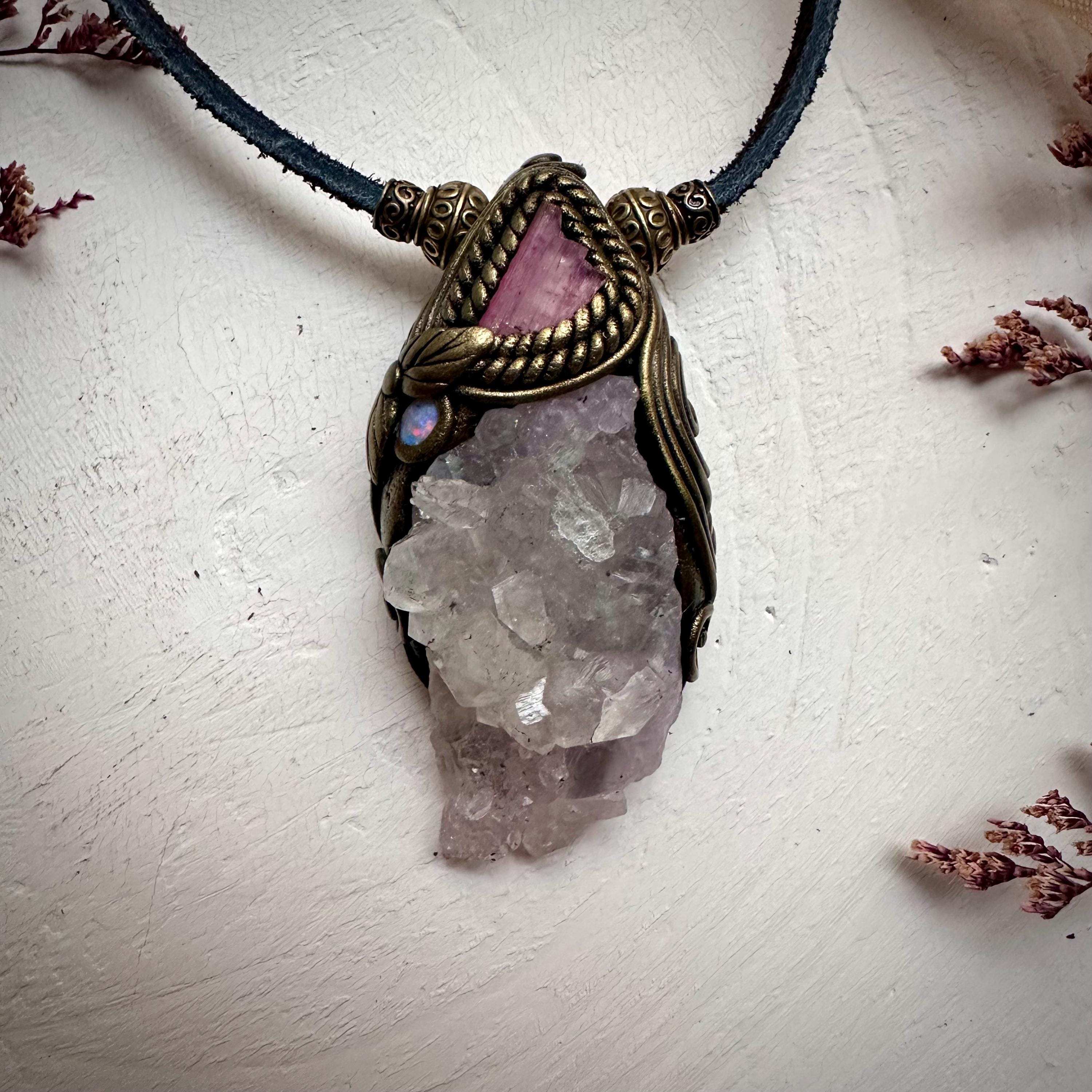 Crystallized Rose Quartz Pink Tourmaline and Australian Opal Necklace - FairyGardenGlow