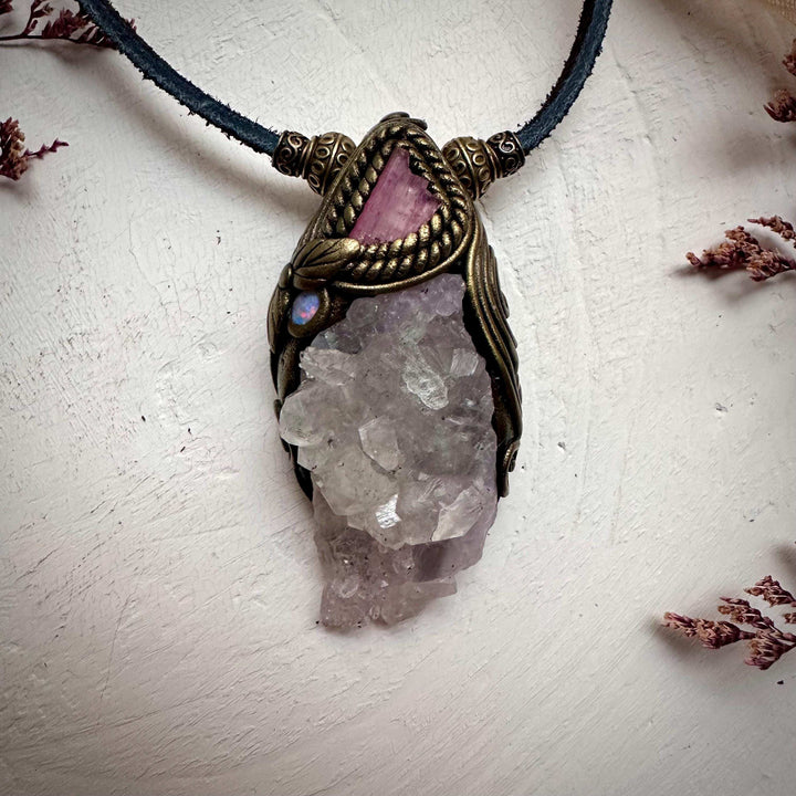 Crystallized Rose Quartz Pink Tourmaline and Australian Opal Necklace - FairyGardenGlow