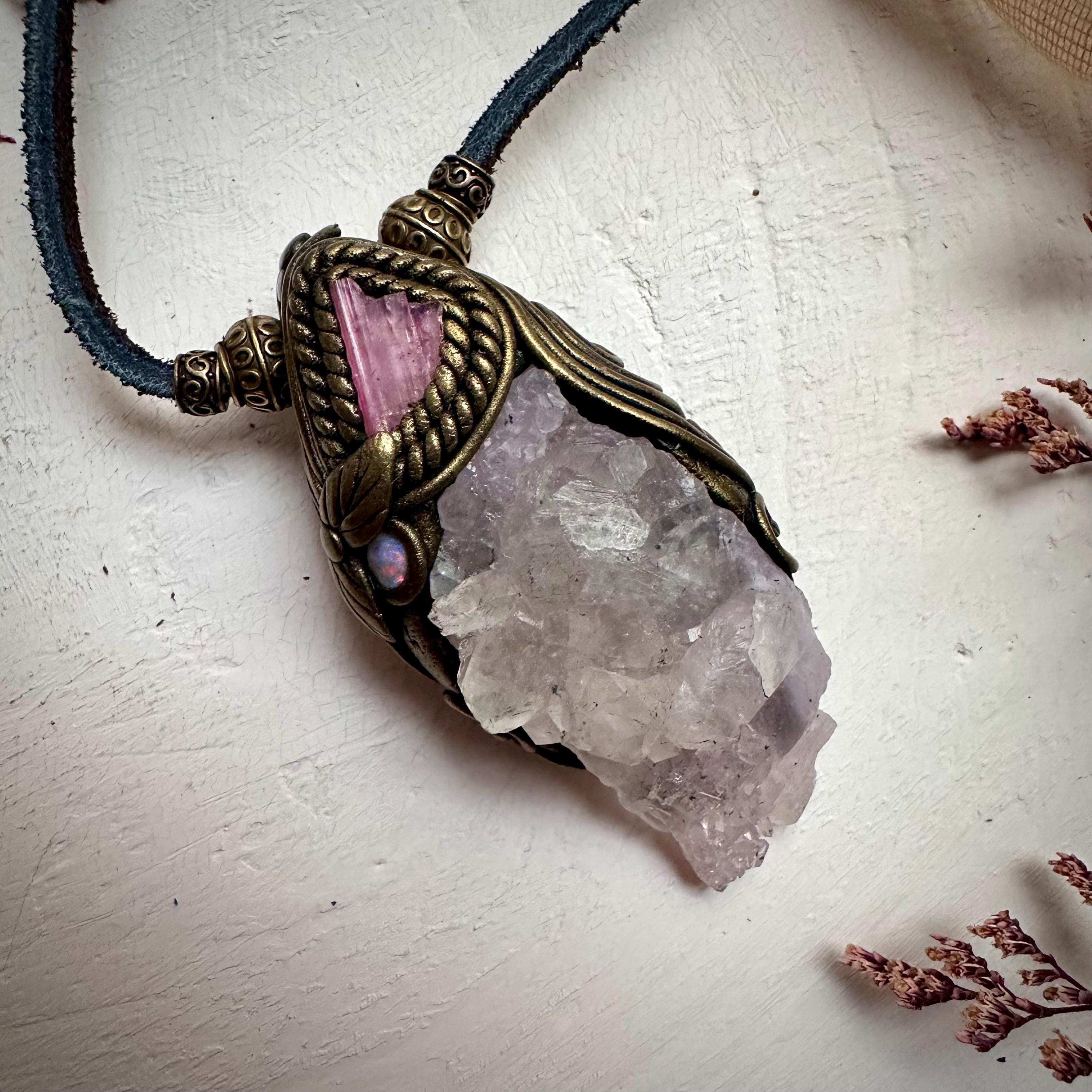 Crystallized Rose Quartz Pink Tourmaline and Australian Opal Necklace - FairyGardenGlow