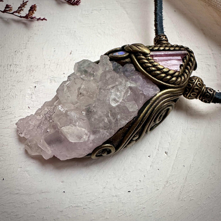 Crystallized Rose Quartz Pink Tourmaline and Australian Opal Necklace - FairyGardenGlow