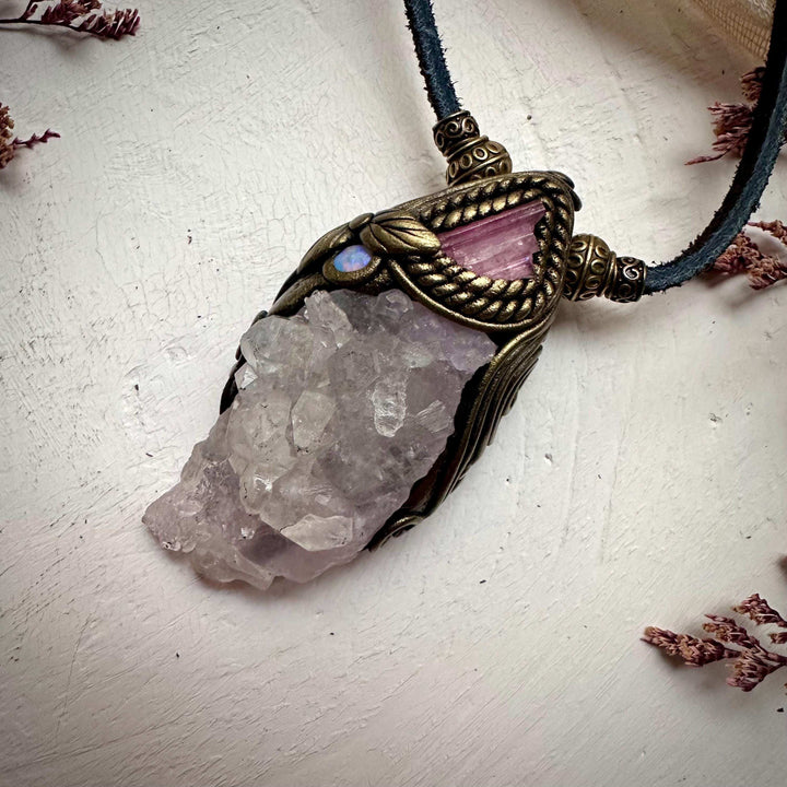 Crystallized Rose Quartz Pink Tourmaline and Australian Opal Necklace - FairyGardenGlow