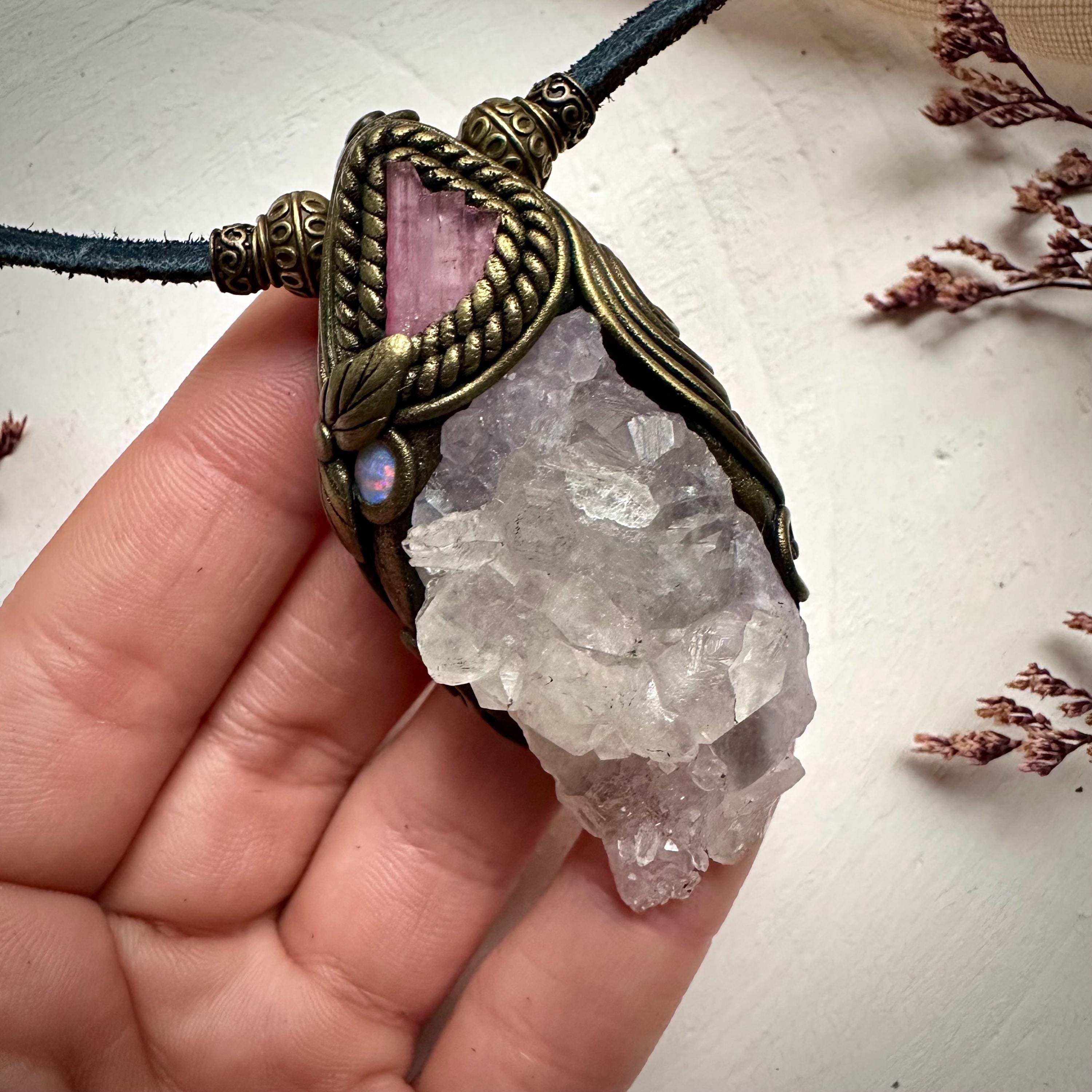 Crystallized Rose Quartz Pink Tourmaline and Australian Opal Necklace - FairyGardenGlow
