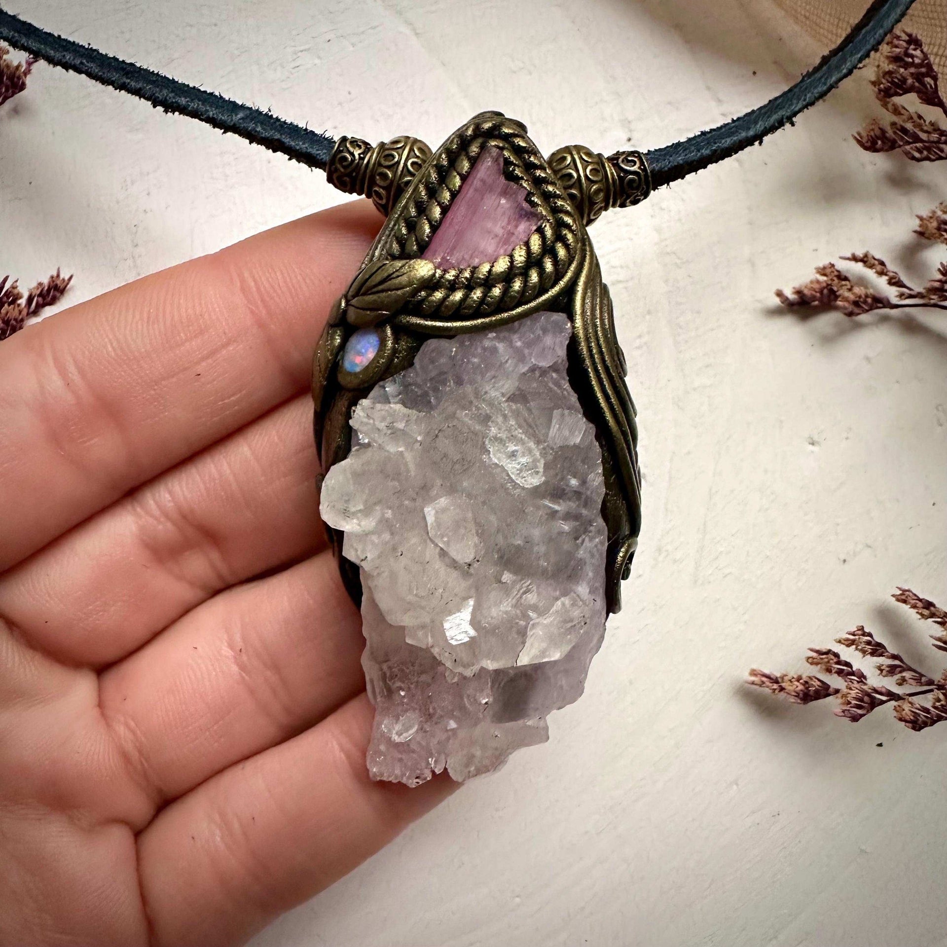 Crystallized Rose Quartz Pink Tourmaline and Australian Opal Necklace - FairyGardenGlow