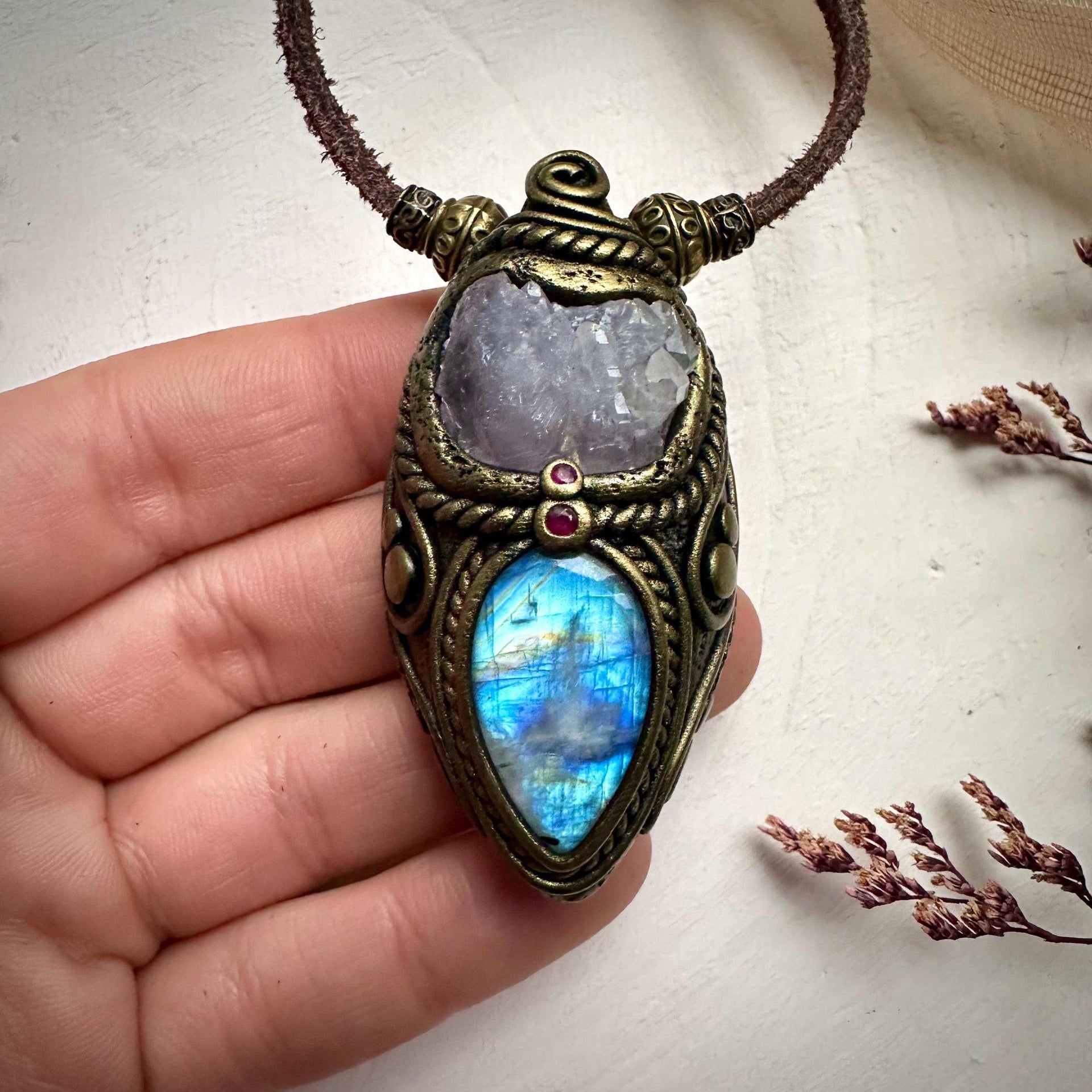 Crystallized Rose Quartz Rainbow Moonstone and Ruby Necklace - FairyGardenGlow