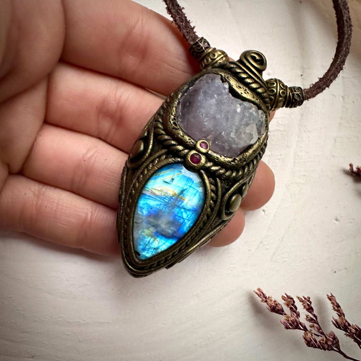 Crystallized Rose Quartz Rainbow Moonstone and Ruby Necklace - FairyGardenGlow