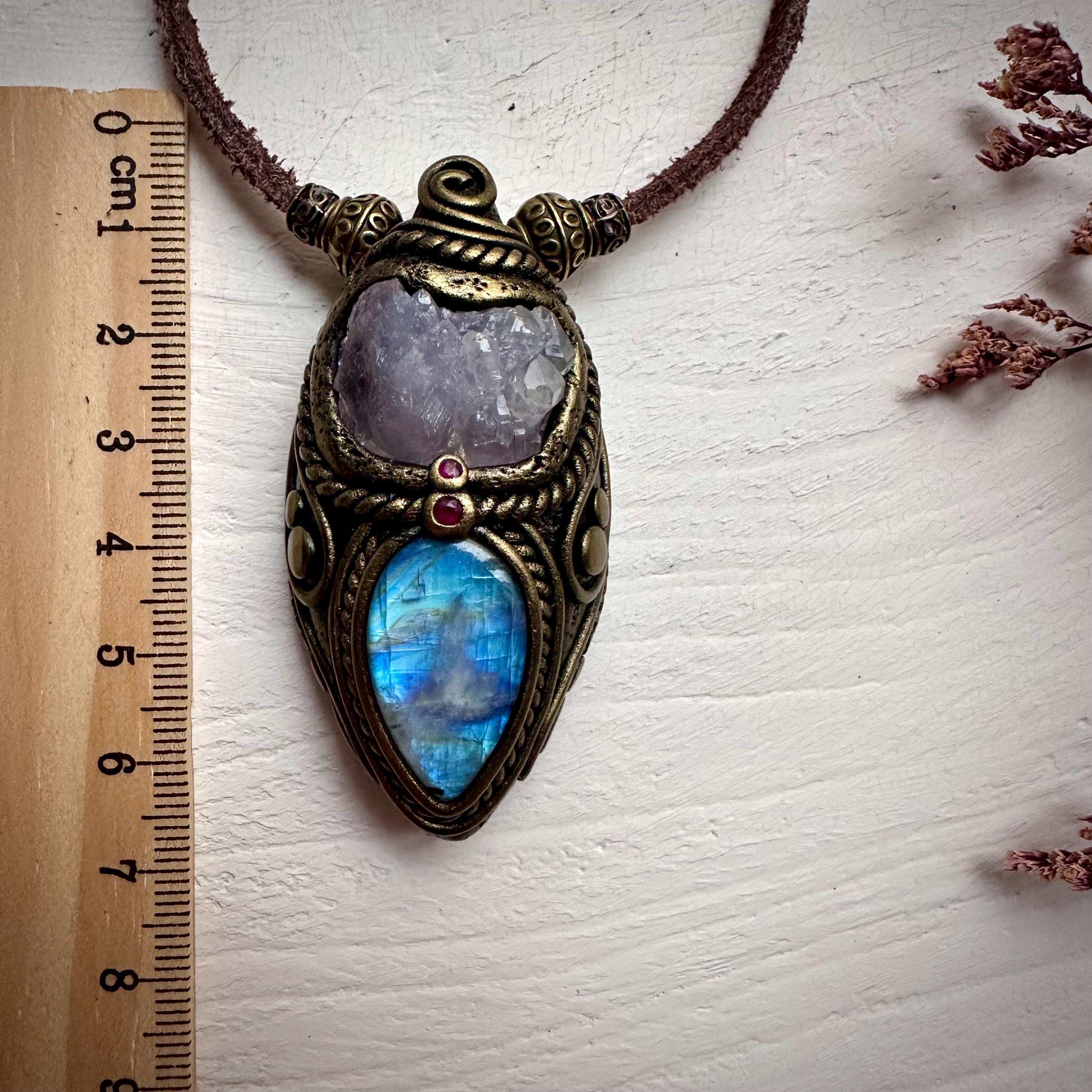 Crystallized Rose Quartz Rainbow Moonstone and Ruby Necklace - FairyGardenGlow
