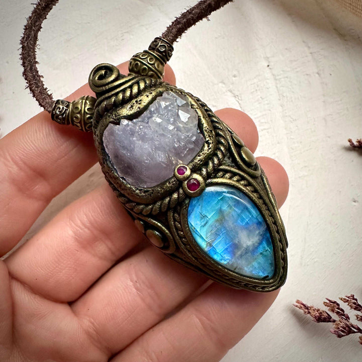 Crystallized Rose Quartz Rainbow Moonstone and Ruby Necklace - FairyGardenGlow