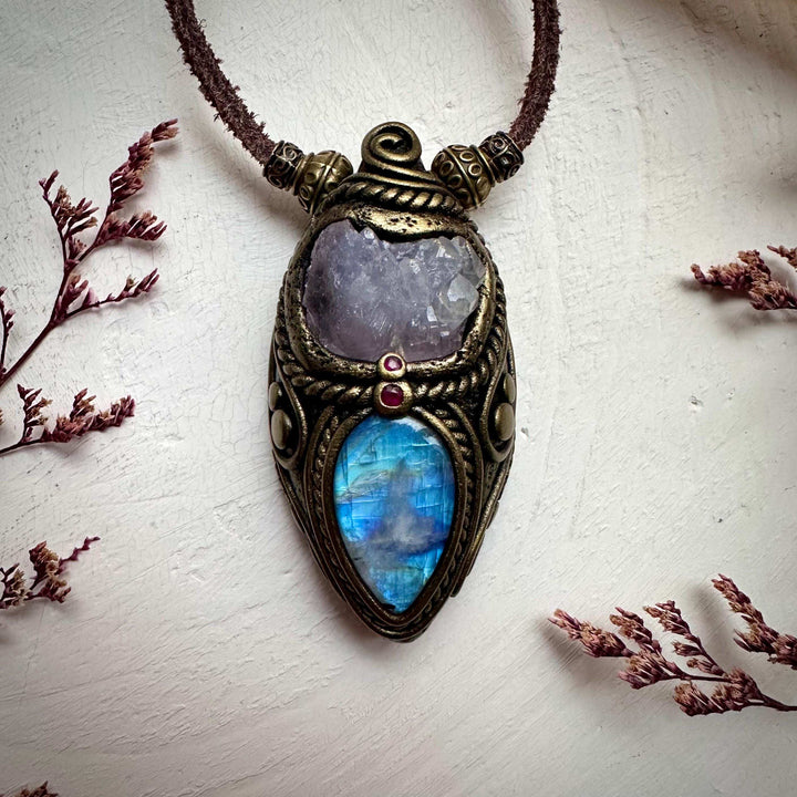 Crystallized Rose Quartz Rainbow Moonstone and Ruby Necklace - FairyGardenGlow