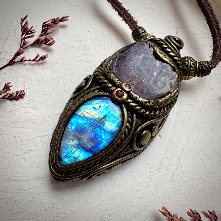 Crystallized Rose Quartz Rainbow Moonstone and Ruby Necklace - FairyGardenGlow