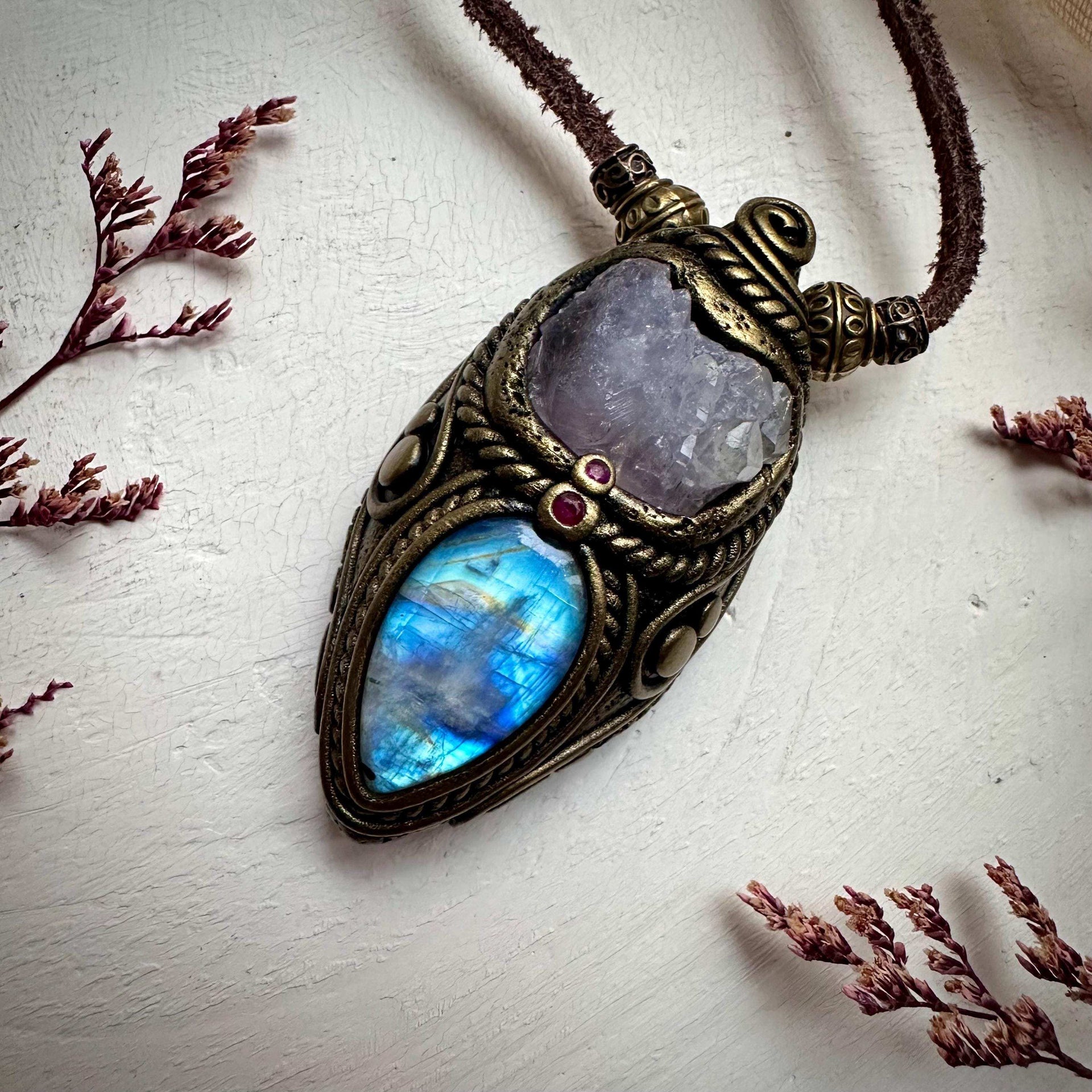 Crystallized Rose Quartz Rainbow Moonstone and Ruby Necklace - FairyGardenGlow