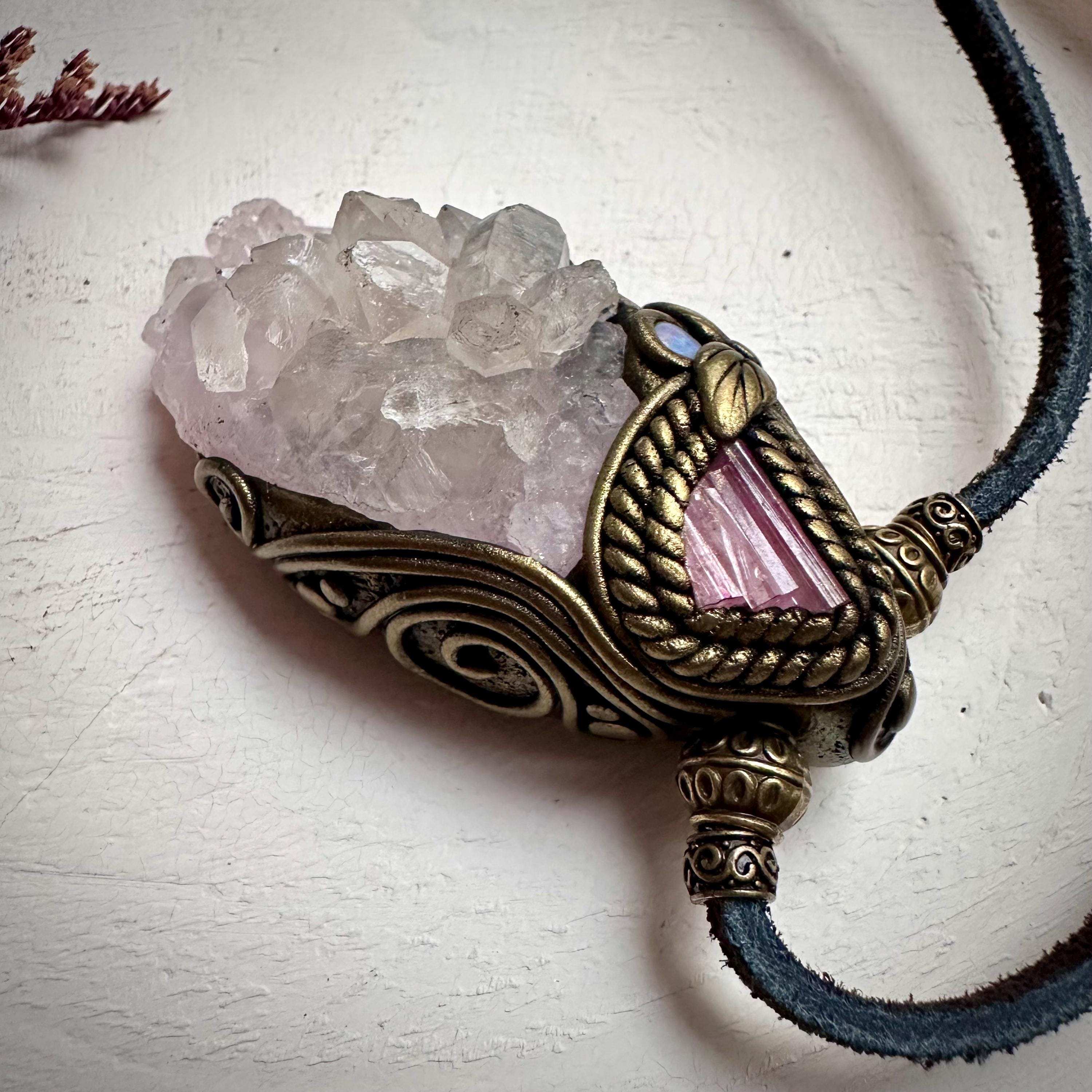 Crystallized Rose Quartz Pink Tourmaline and Australian Opal Necklace - FairyGardenGlow