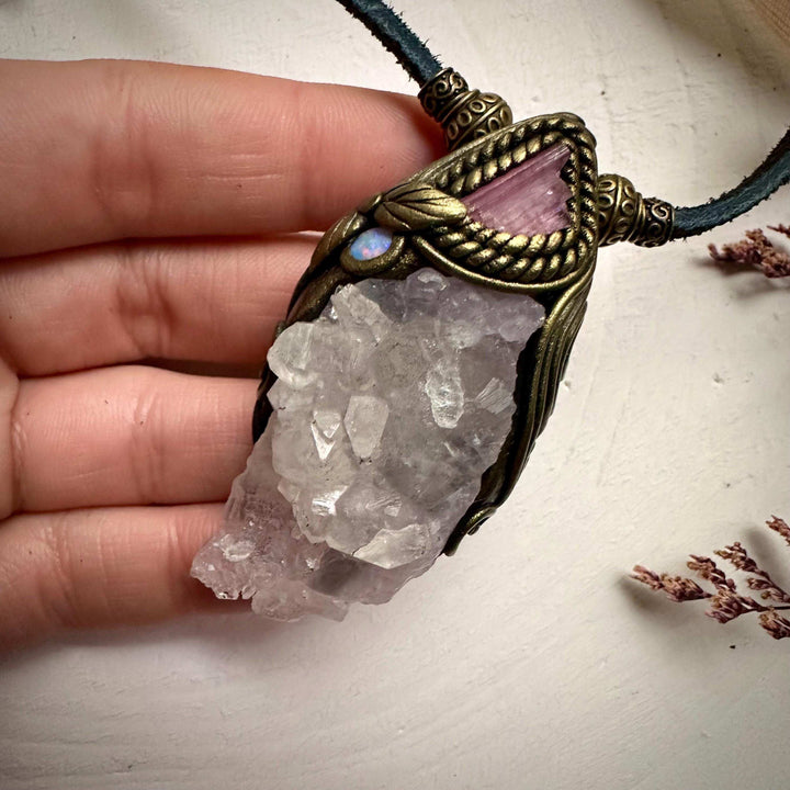 Crystallized Rose Quartz Pink Tourmaline and Australian Opal Necklace - FairyGardenGlow
