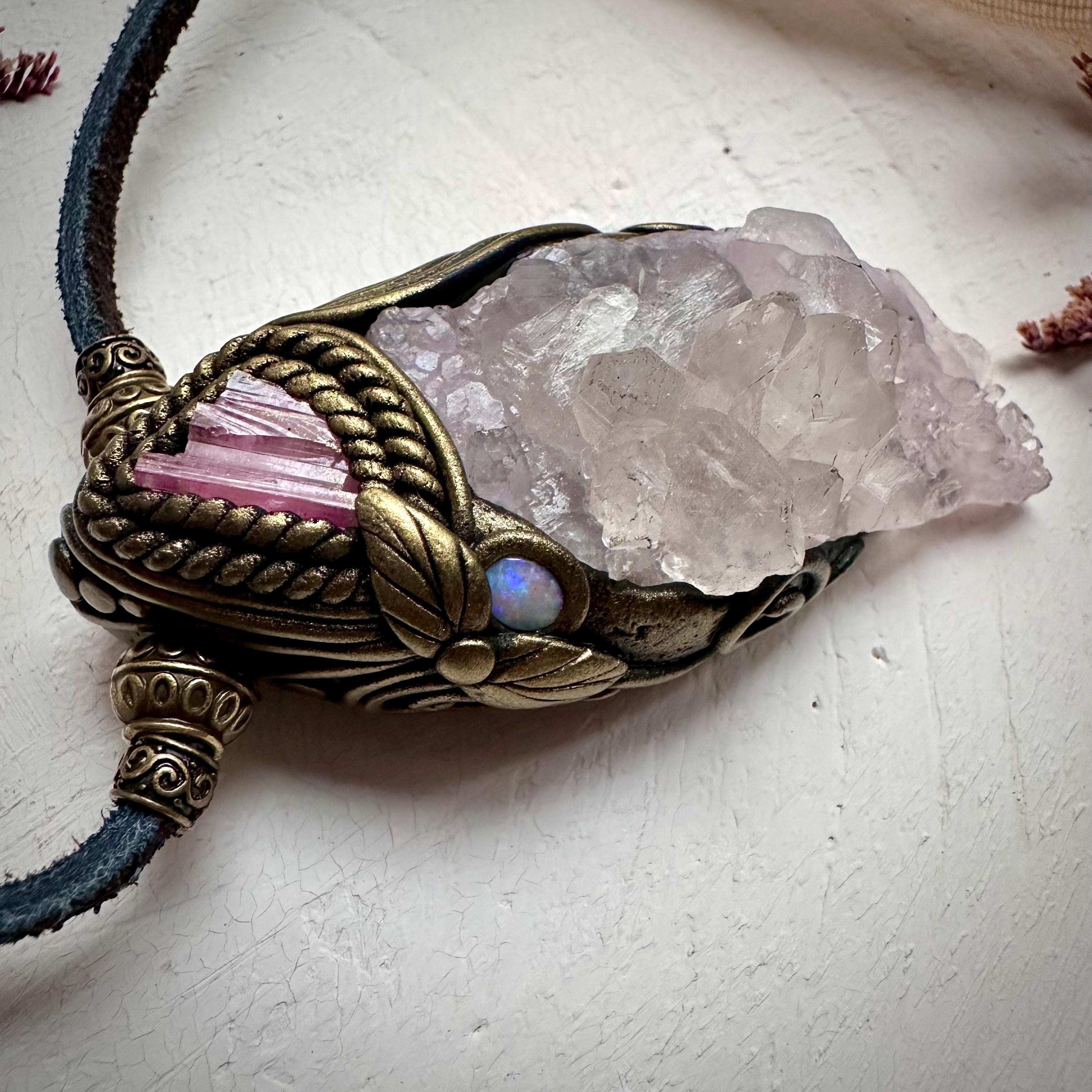 Crystallized Rose Quartz Pink Tourmaline and Australian Opal Necklace - FairyGardenGlow