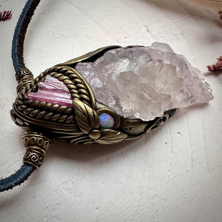 Crystallized Rose Quartz Pink Tourmaline and Australian Opal Necklace - FairyGardenGlow