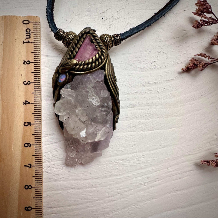 Crystallized Rose Quartz Pink Tourmaline and Australian Opal Necklace - FairyGardenGlow