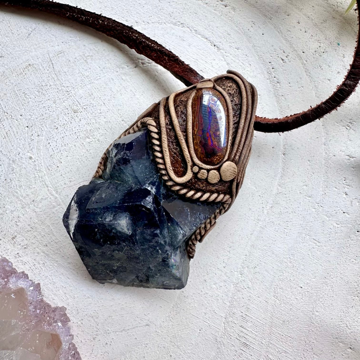 Handmade necklace with cubic fluorite and boulder opal