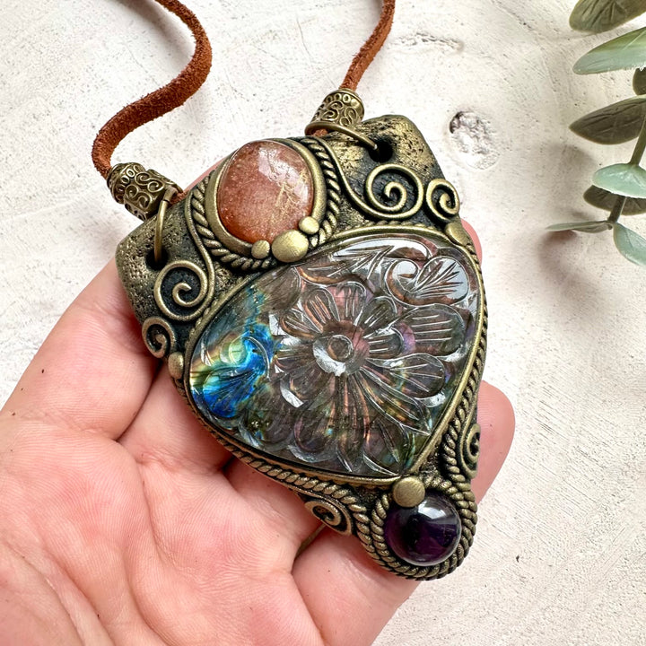 Curved Labradorite, Sunstone and Amethyst necklace handmade with natural gemstones