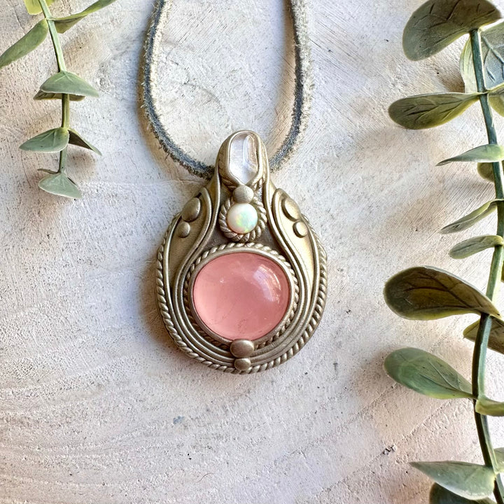 Natural gemstone pendant with Rose Quartz, luminous Danburite and vibrant Ethiopian Opal flashes.