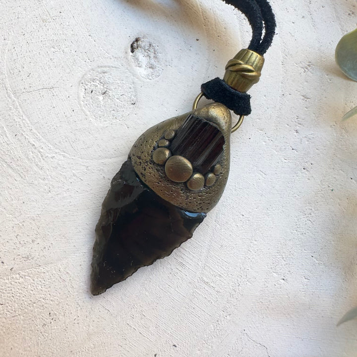 Protection amulet necklace featuring Black Obsidian and Black Tourmaline