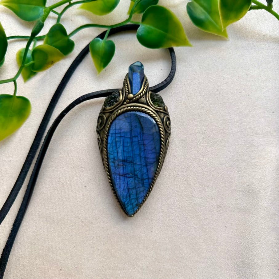 Large Deep Purple - Blue Labradorite with Aqua Aura Quartz and Moldavite Necklace - FairyGardenGlow