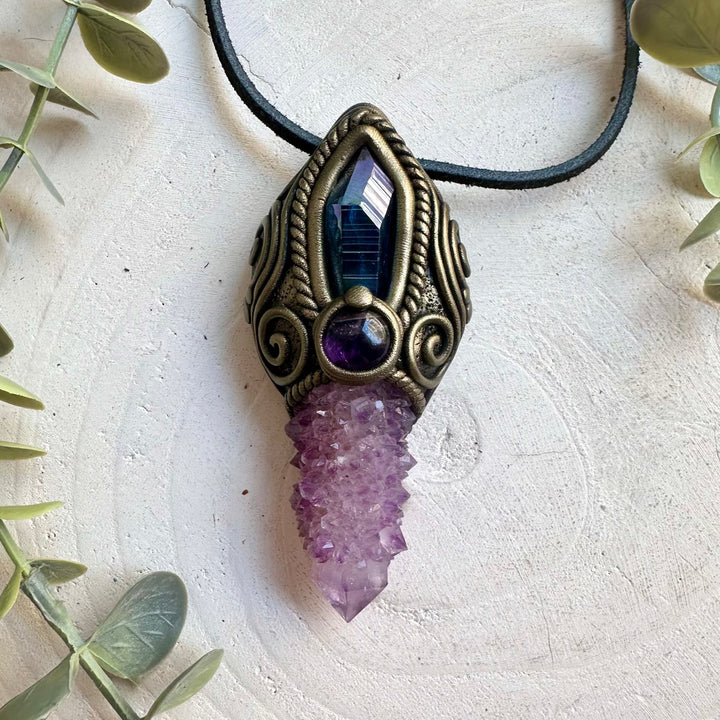Handmade Deep Purple Spirit Quartz crystal wand pendant necklace with Aqua Aura Quartz and Amethyst.