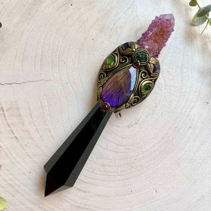 Manifestation tool - crystal wand handcrafted with Black Obsidian, Deep Purple Spirit Quartz and Moldavite.