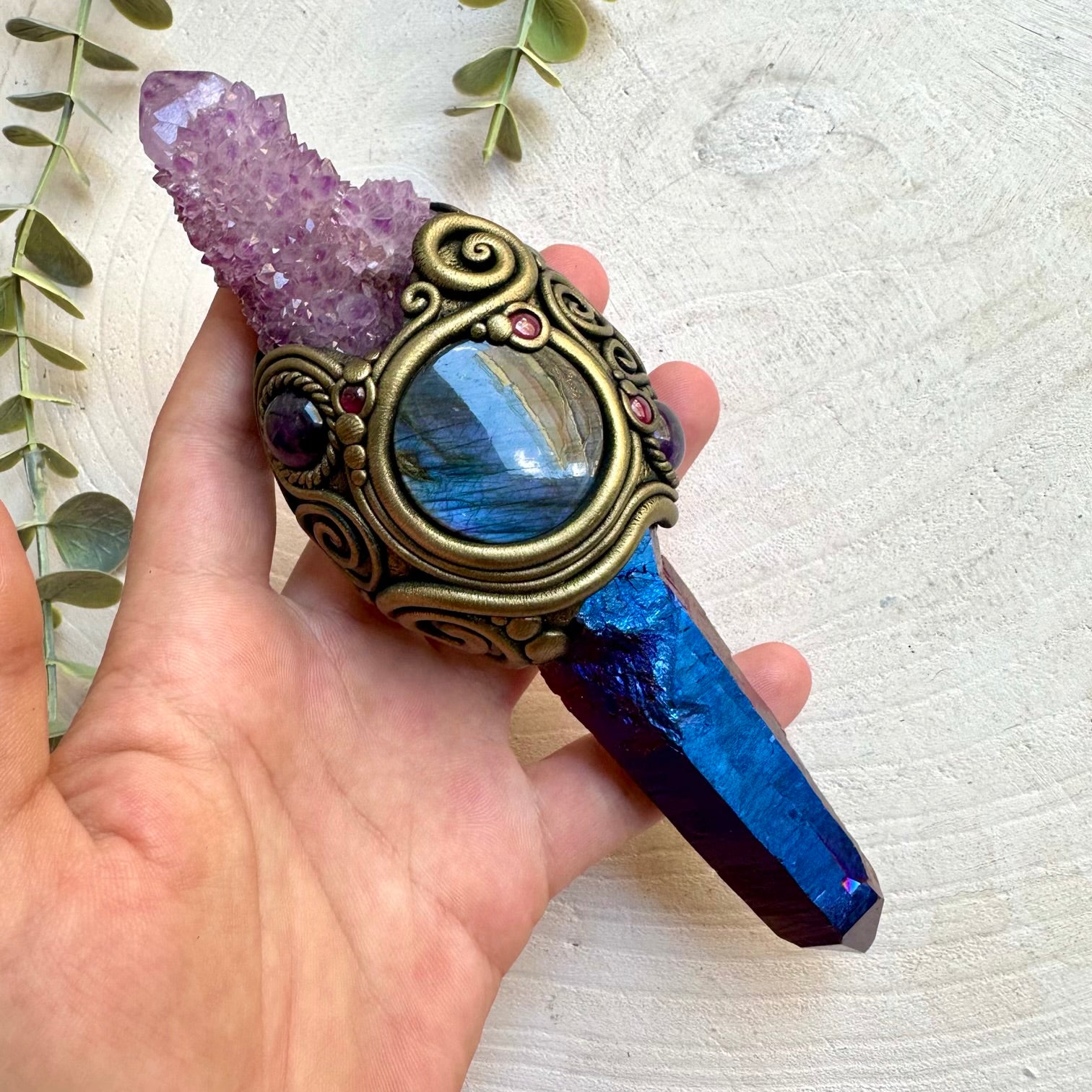 Handmade ritual wand combining Spirit Quartz, Labradorite and Amethyst for spiritual practice and witchcraft.