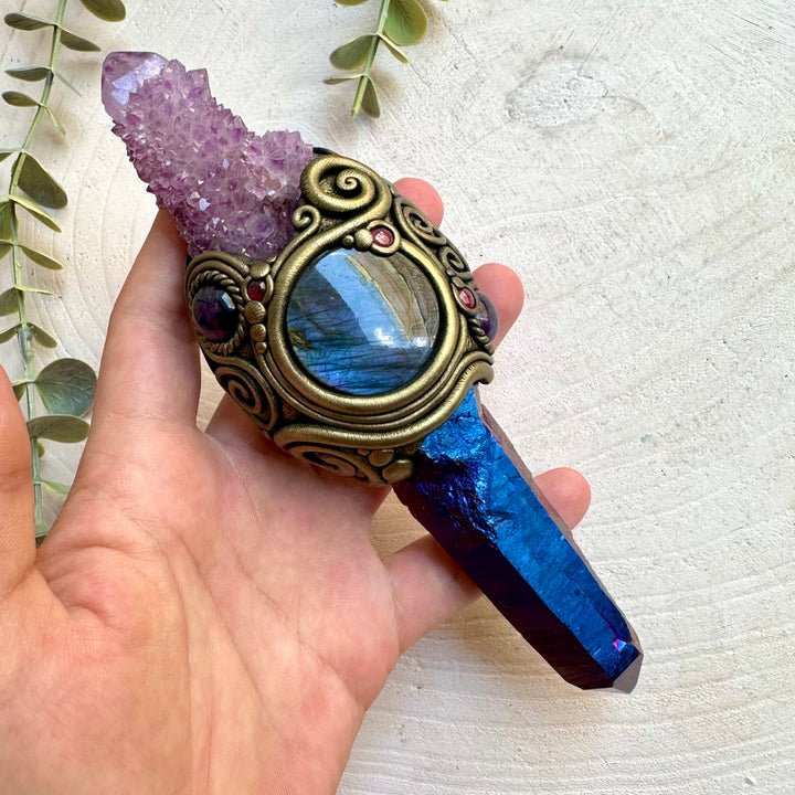 Handmade ritual wand combining Spirit Quartz, Labradorite and Amethyst for spiritual practice and witchcraft.