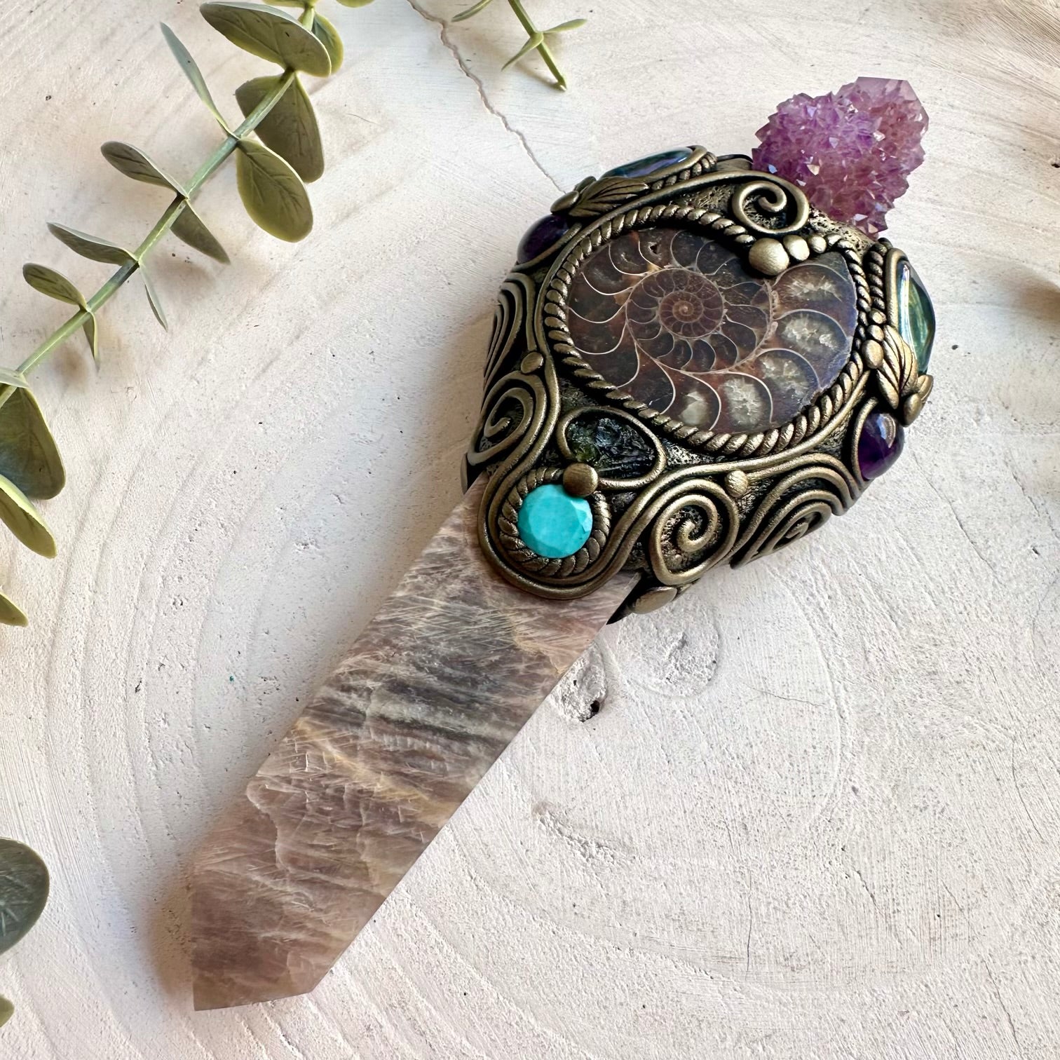Handmade spiritual wand crafted with Deep Purple Spirit Quartz, Amazonite and natural gemstones.