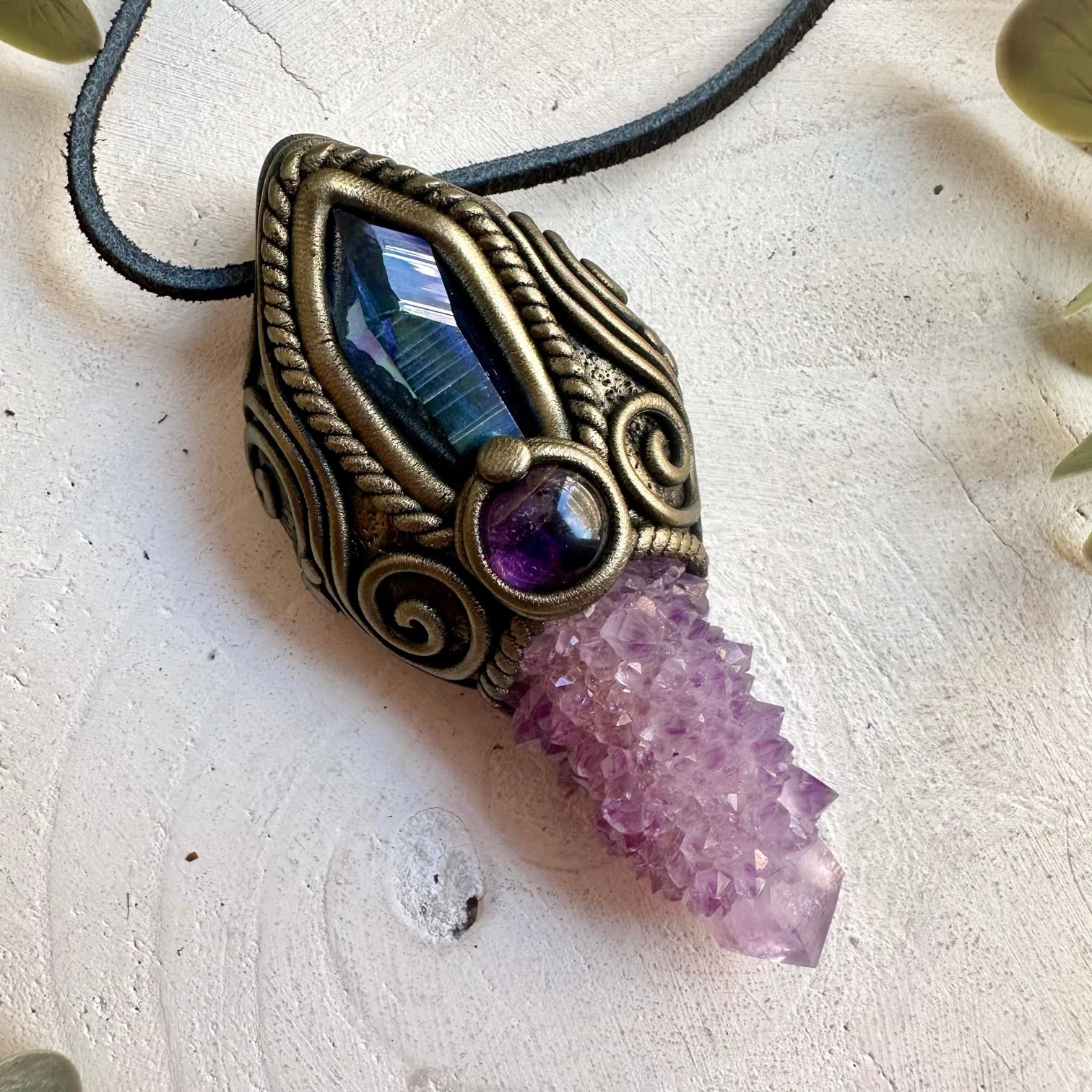 One of a kind healing crystal wand featuring Deep Purple Spirit Quartz and genuine natural gemstones.