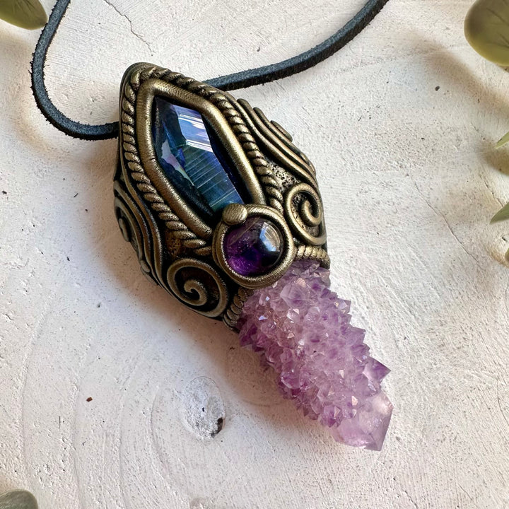 One of a kind healing crystal wand featuring Deep Purple Spirit Quartz and genuine natural gemstones.