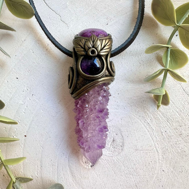 Handmade Deep Purple Spirit Quartz pendant necklace with Stichtite and Amethyst natural gemstones.