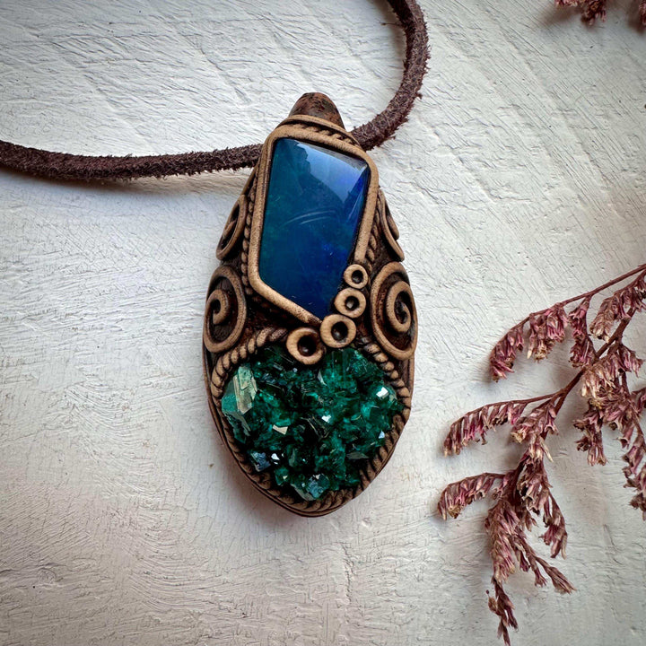 Dioptase and Australian Black Opal Doublet Necklace - FairyGardenGlow