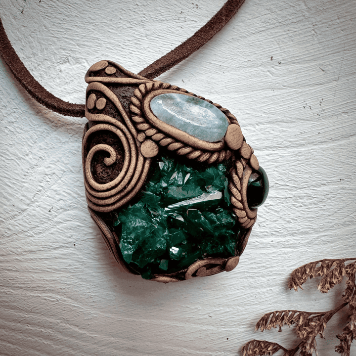 Dioptase Black Onyx and Aquamarine Necklace - FairyGardenGlow